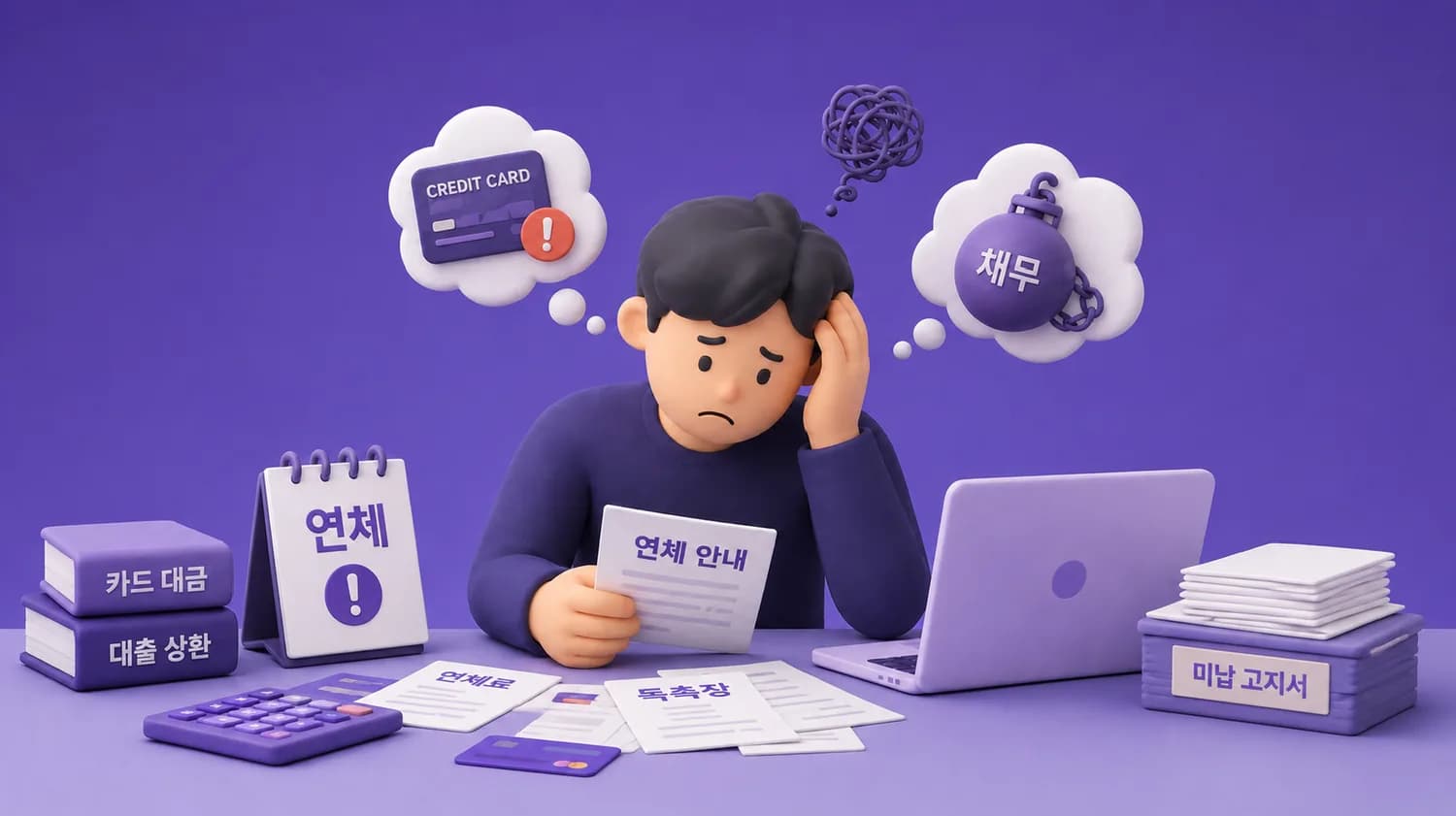 카드 대금 연체 통지서와 노트북 앞에서 머리를 감싼 사람 일러스트