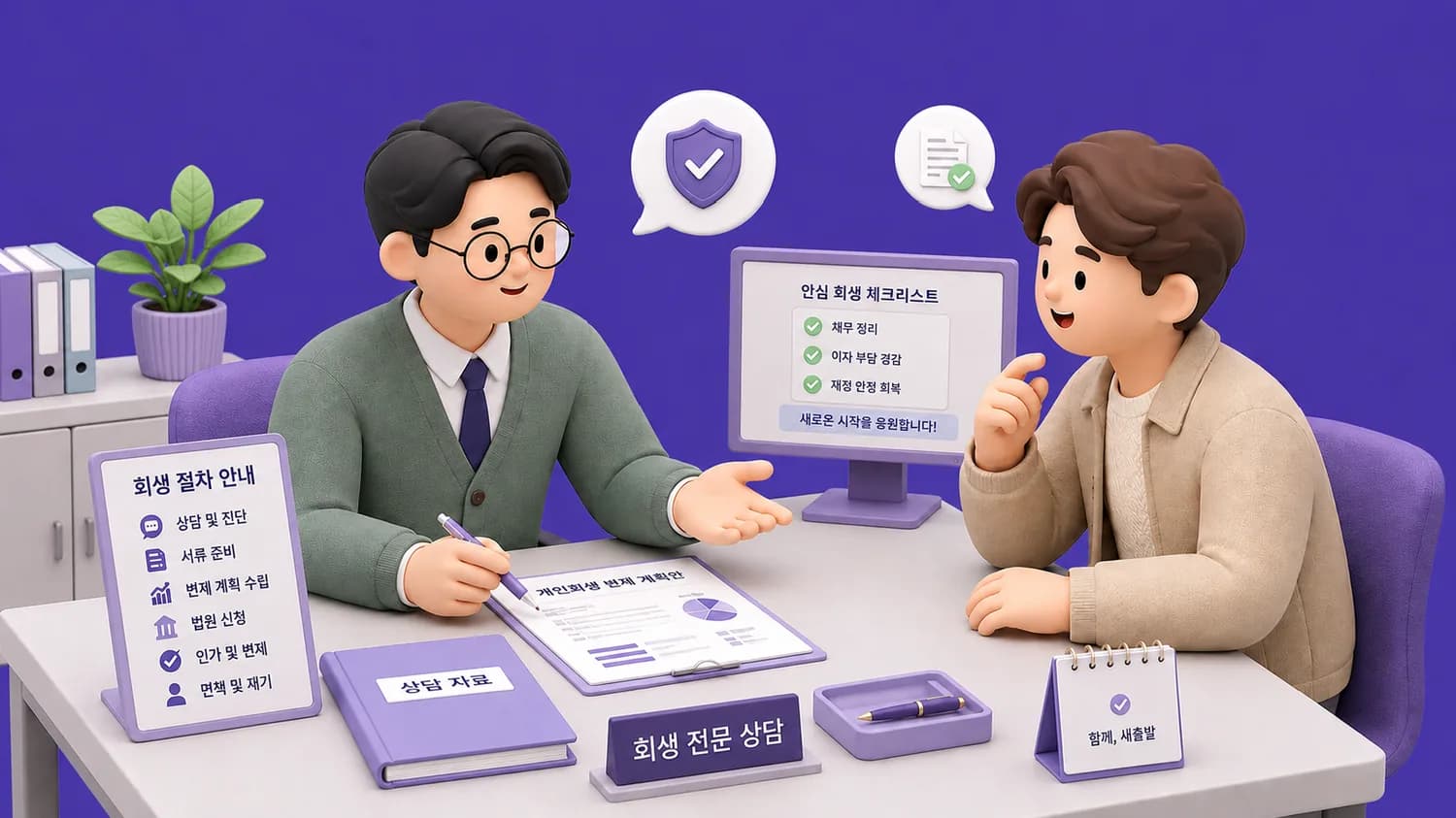 회생 전문 상담 창구에서 상담사와 마주 앉아 이야기하는 사람 일러스트